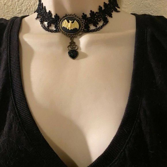 Fancy Fox Boutique Jewelry - Gothic Rockabilly Bat Cameo Lace Choker Necklace